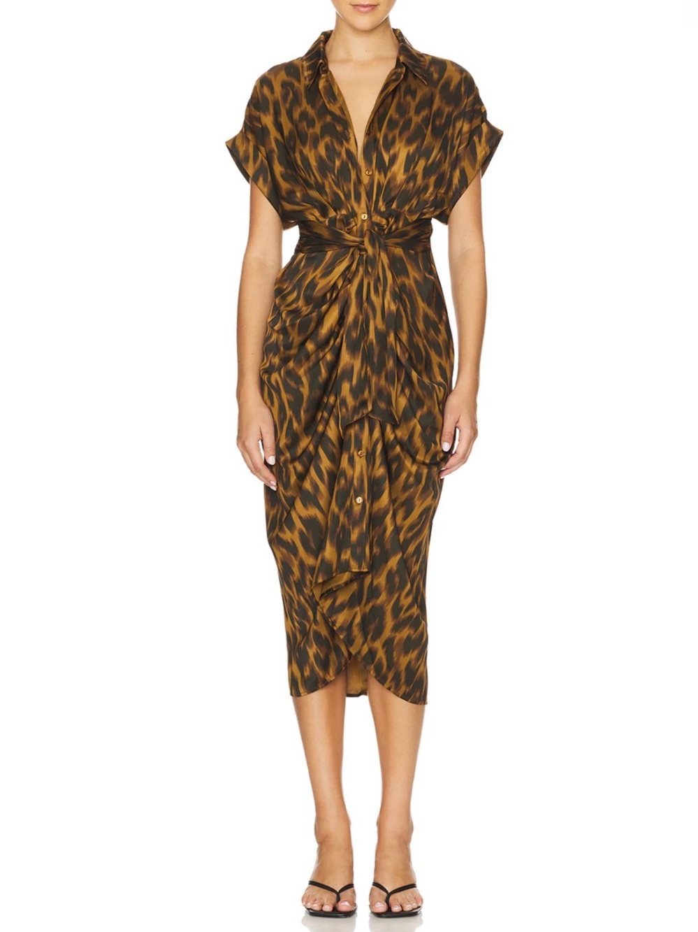 Steve Madden Tori Satin Leopard Print Kimono Cuff Ruched Front Dress